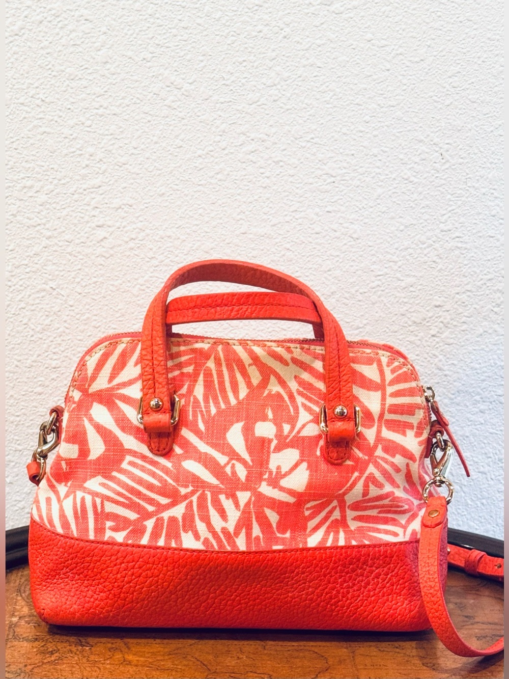 Kate Spade Grove Court Palm Leaf Print Fabric & Pebble Leather Satchel Handbag View 2